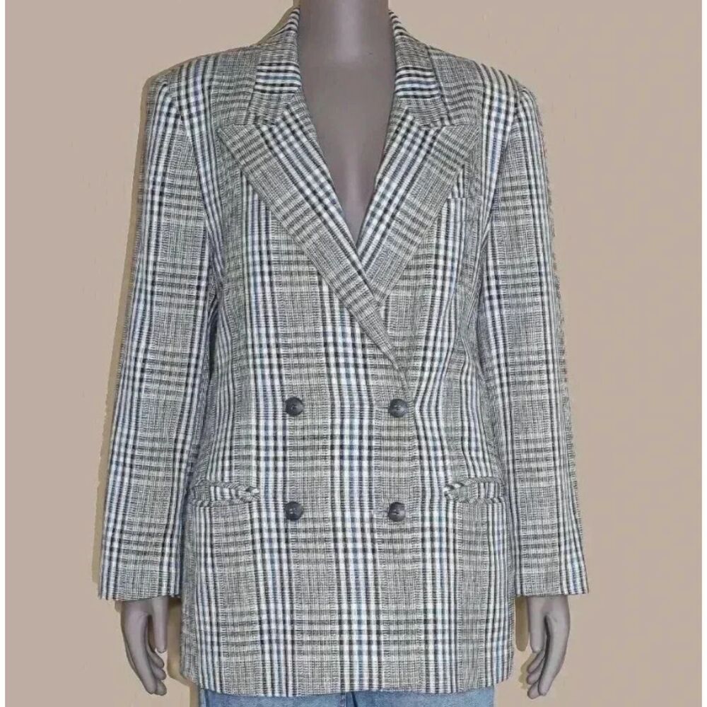 Gray White Plaid‎ Double Breasted Blazer Oversized Vintage Office Womens Size M